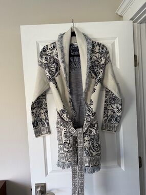 Chico's Cream and Black Paisley Fringe Open Cardigan